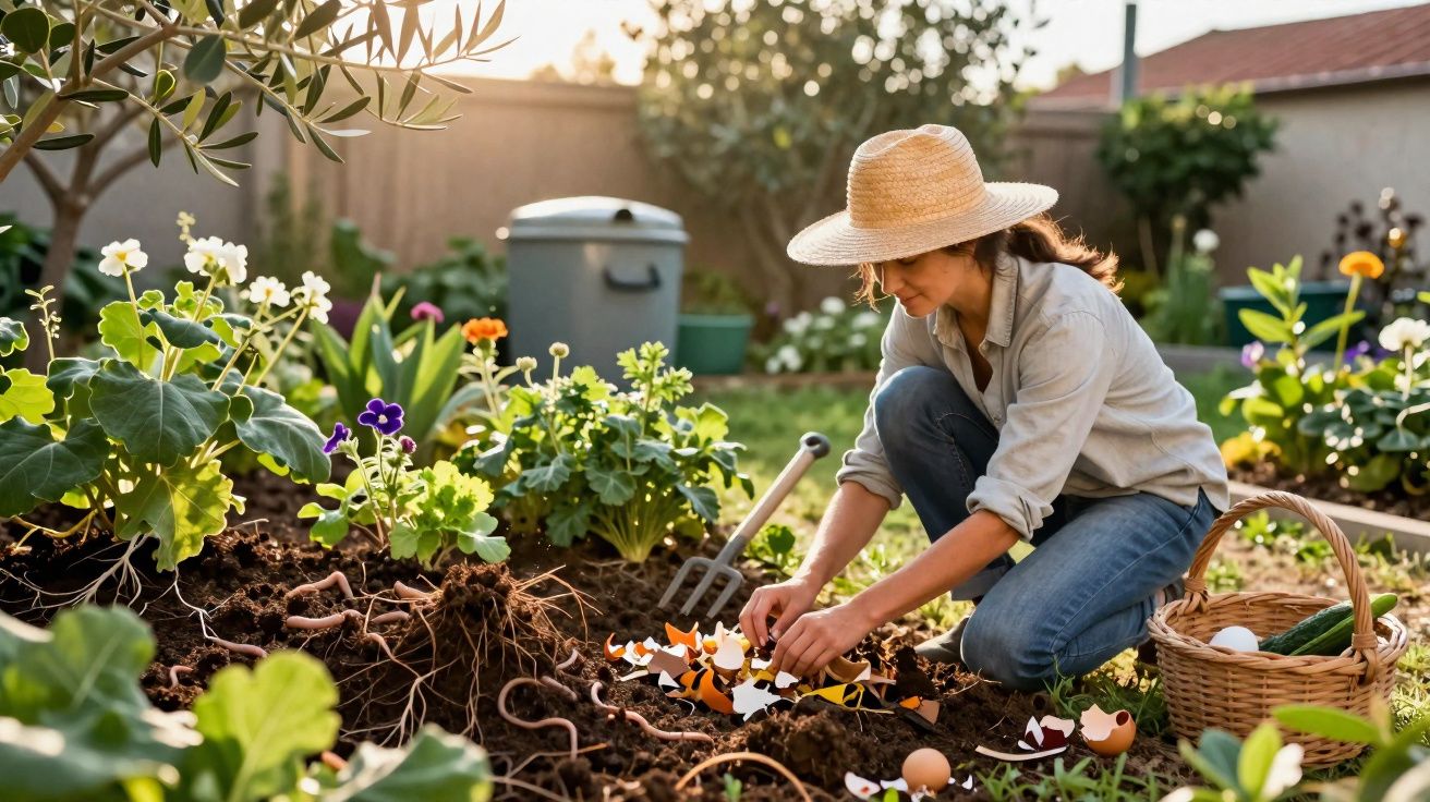 Mulher com chapéu de palha a usar cascas de ovos para fertilizar canteiro num jardim ensolarado.