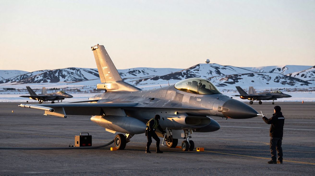 Caça F-16 no solo com montanhas nevadas ao fundo e duas pessoas em preparação na pista.