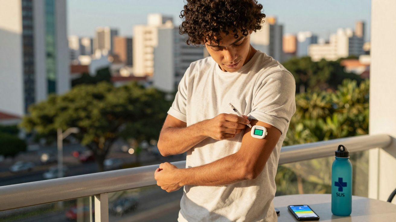 Homem prepara aplicação de injeção no braço num terraço urbano ao entardecer.