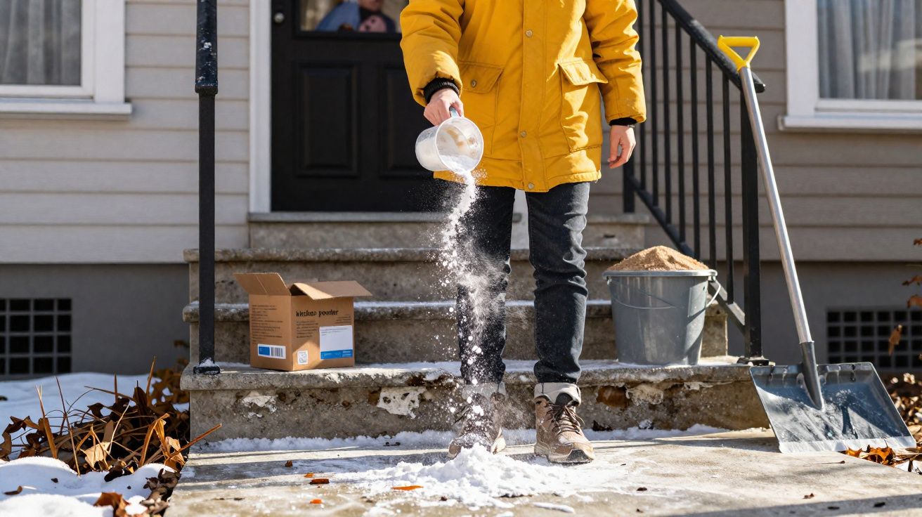Pessoa com casaco amarelo espalha sal para derreter gelo na entrada de casa, com pá e balde ao lado.