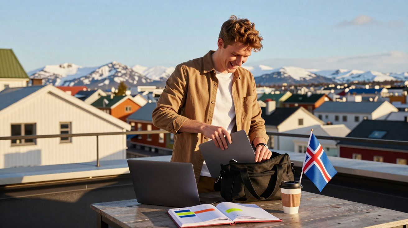 Jovem arruma computador e livro numa mesa ao ar livre com montanhas e casario ao fundo numa paisagem ensolarada.