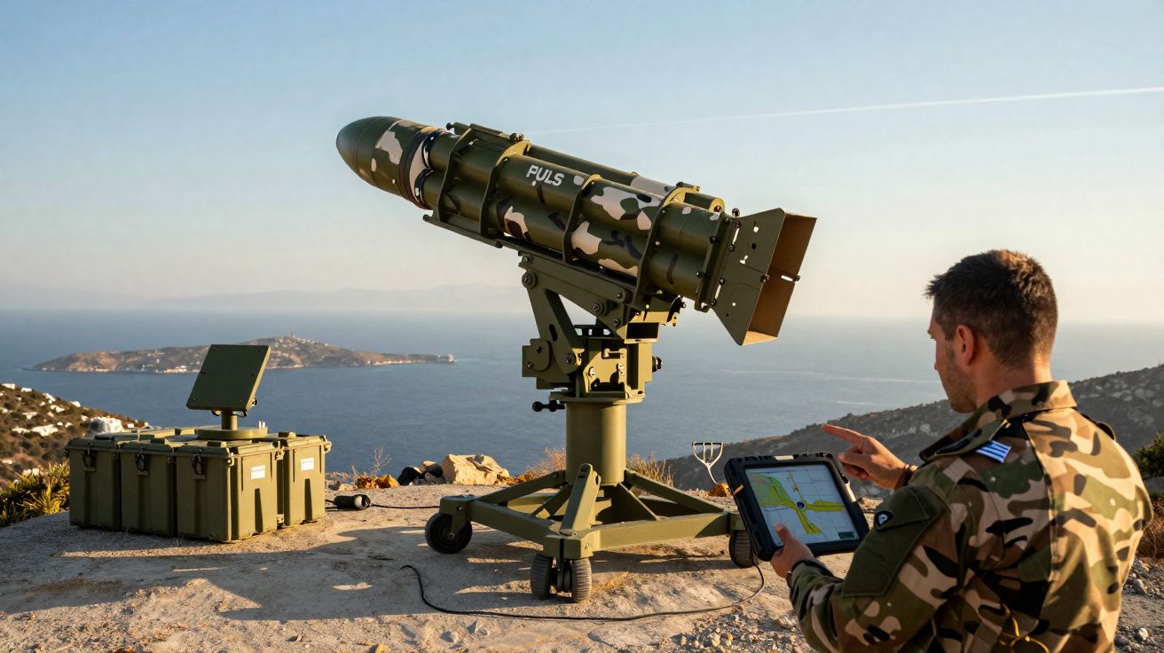 Soldado operando sistema de mísseis militares FULIS numa colina com vista para o mar.