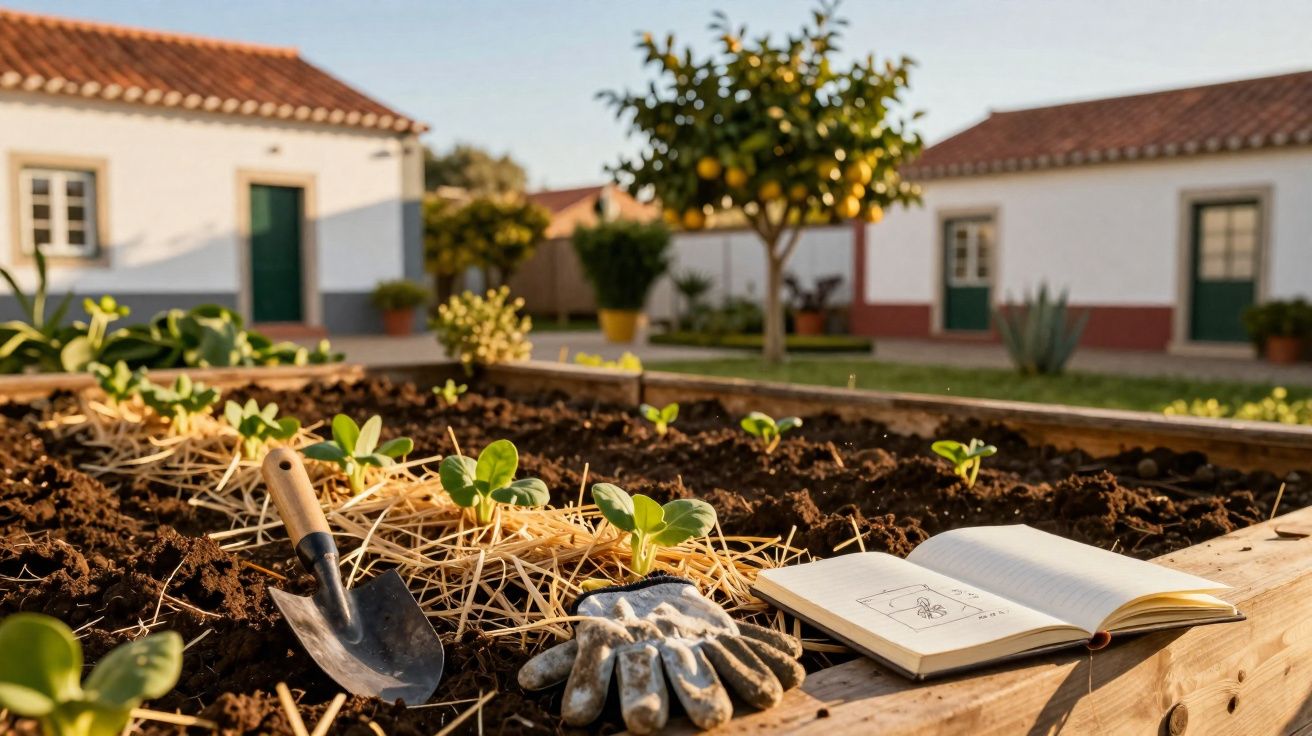 Horta urbana com plantas jovens, uma pá, luvas de jardinagem e um caderno aberto em cama elevada.