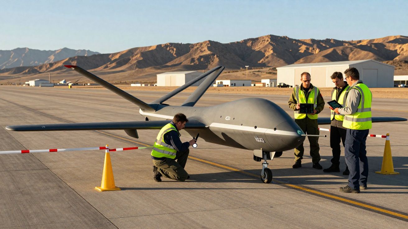 Quatro técnicos com coletes refletores junto a um drone futurista numa pista de aeroporto com montanhas ao fundo.