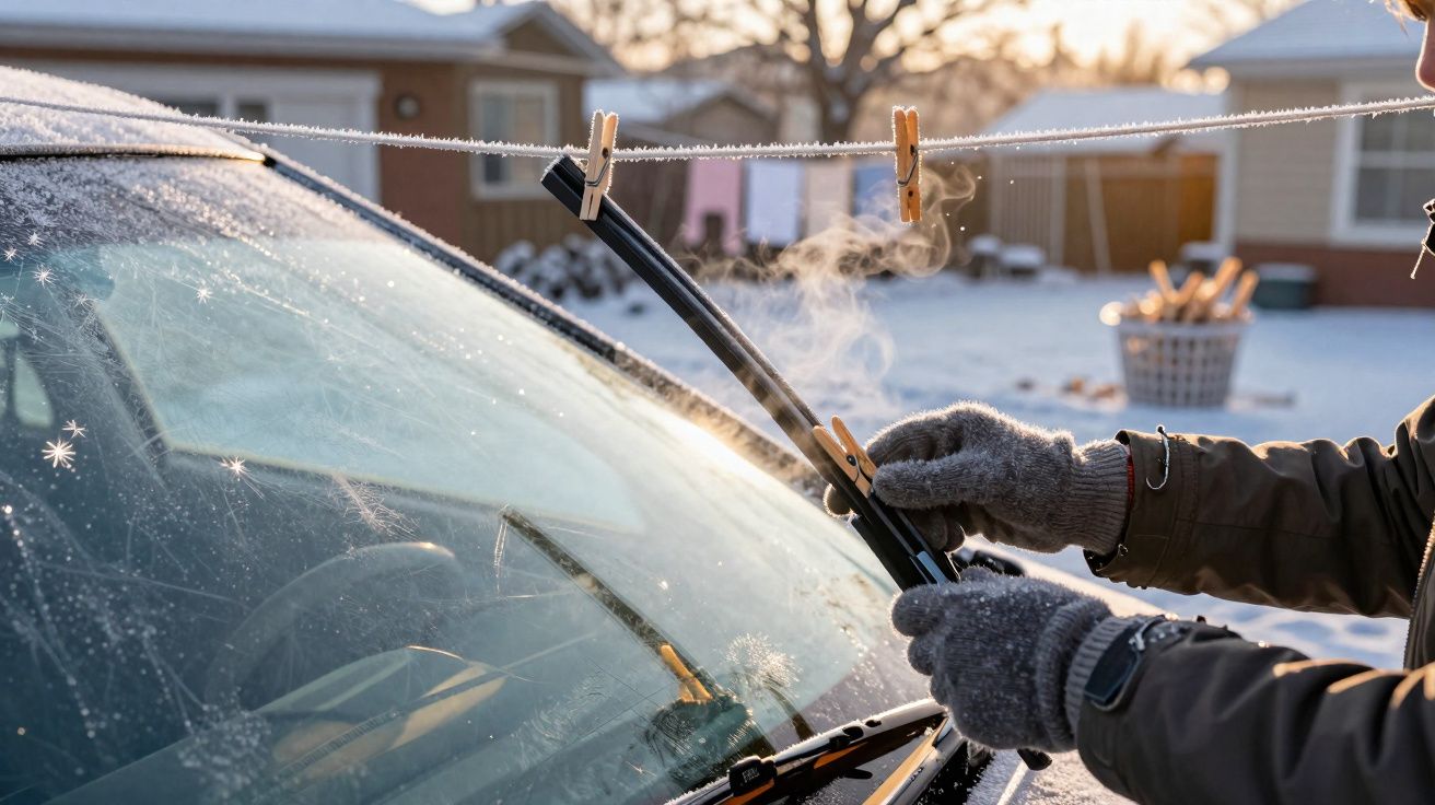 Pessoa com luvas a remover a escova do limpa para-brisas congelada num carro coberto de geada.