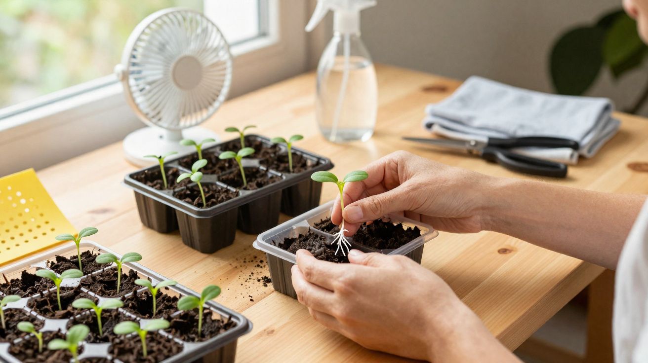 Mãos transplantam rebento de planta em vaso com terra sobre mesa de madeira junto a janela.