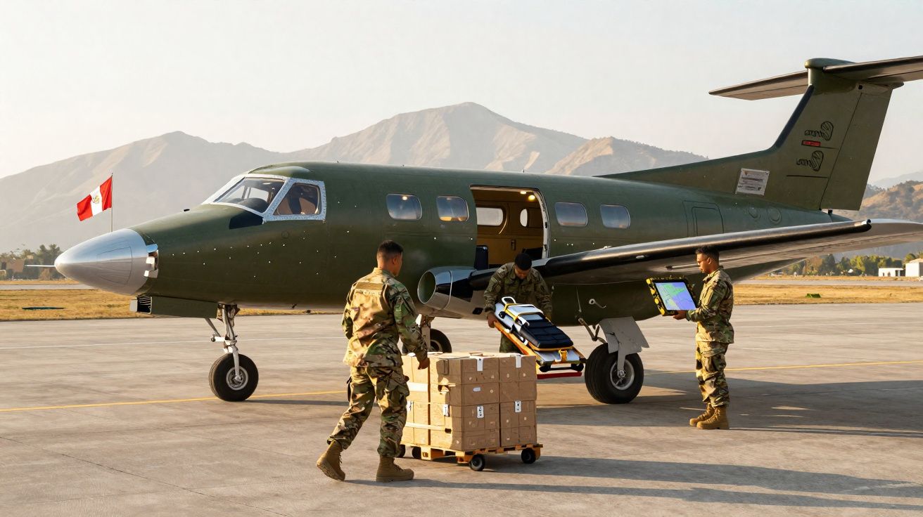 Três militares descarregam caixas de um avião verde militar com bandeira do Peru em pista aérea com montanhas ao fundo.