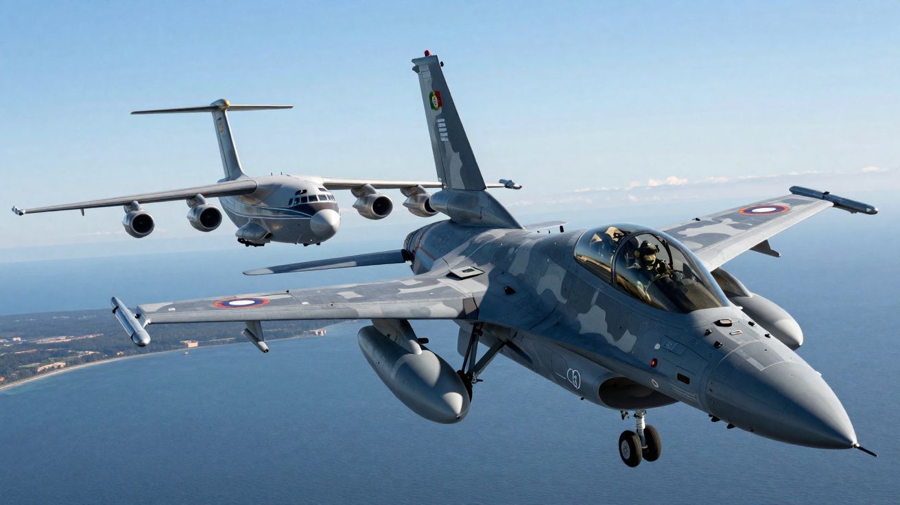 Dois aviões militares a voar sobre o mar, um caça furtivo ao fundo e um avião de transporte à frente.