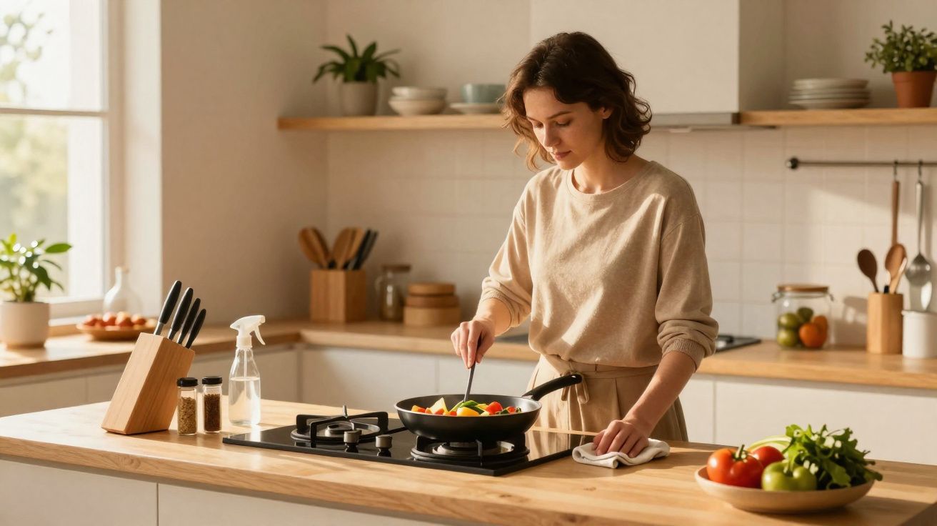Mulher a cozinhar legumes numa frigideira numa cozinha moderna com bancada de madeira.