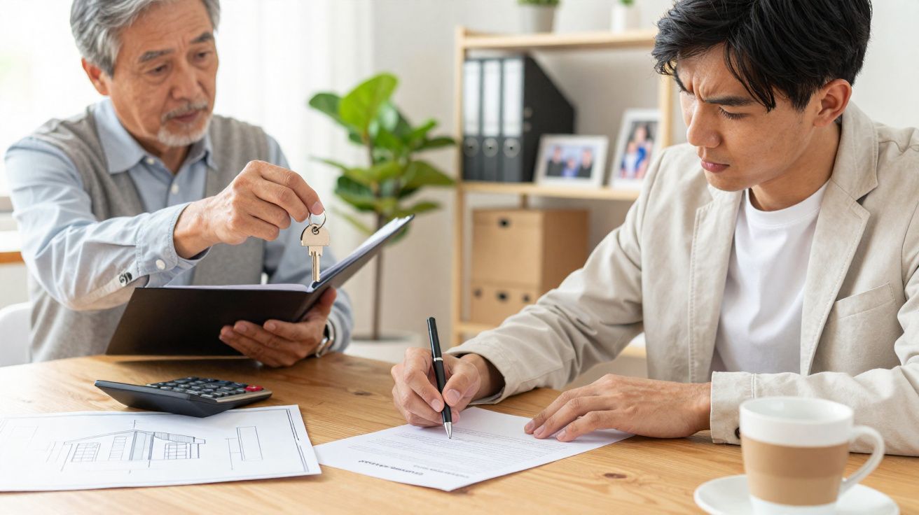 Homem jovem a assinar contrato enquanto homem mais velho lhe entrega chaves numa mesa com plantas e documentos.