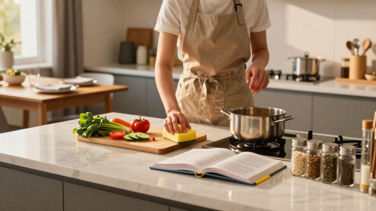 Pessoa a cozinhar, temperando panela, com legumes cortados, livro de receitas e especiarias na bancada da cozinha.