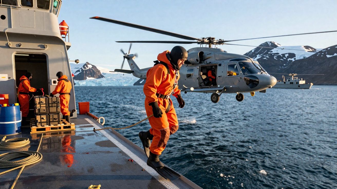 Militar de fato laranja a saltar de um barco para o mar com helicóptero e navios ao fundo em ambiente polar.