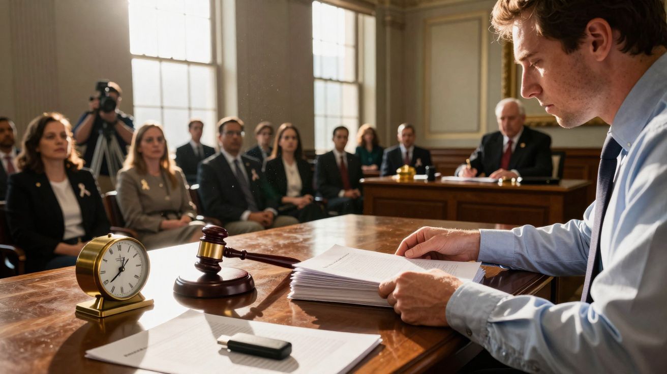 Homem a ler documentos numa sala de tribunal com pessoas a assistir ao julgamento.