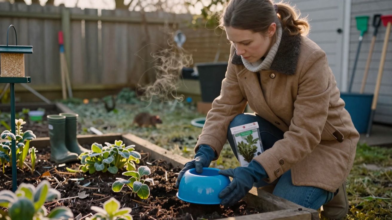 Mulher a proteger planta no jardim com um pequeno abrigo azul durante manhã fria.