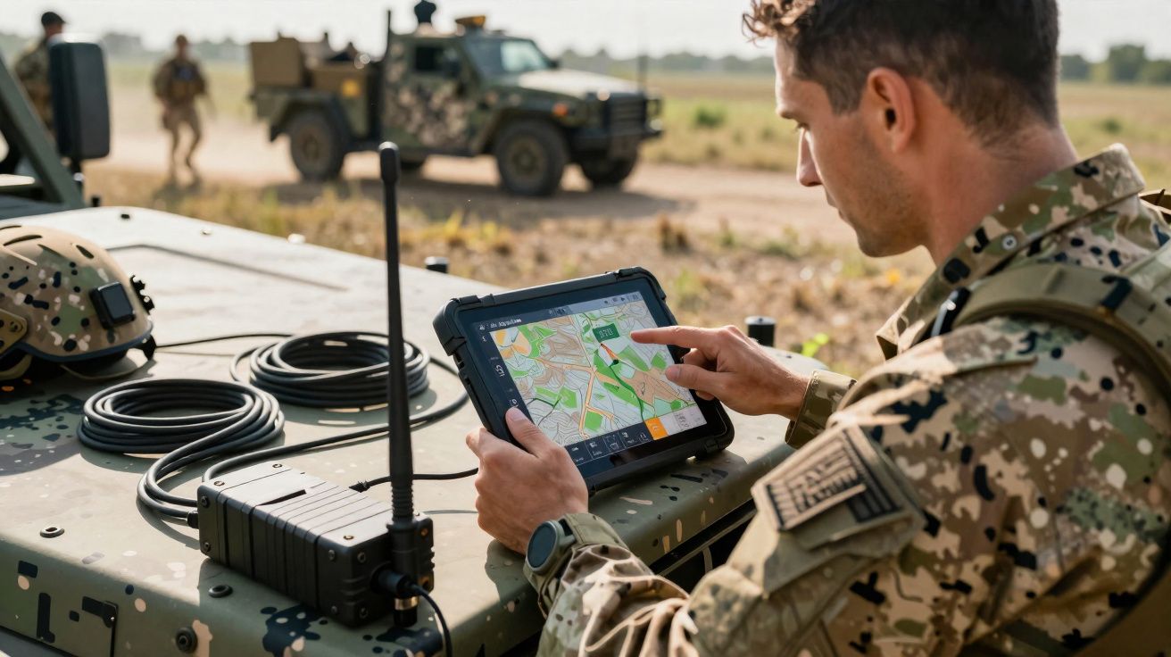 Militar em uniforme camuflado a usar um tablet com mapa digital, junto a veículo militar em ambiente ao ar livre.