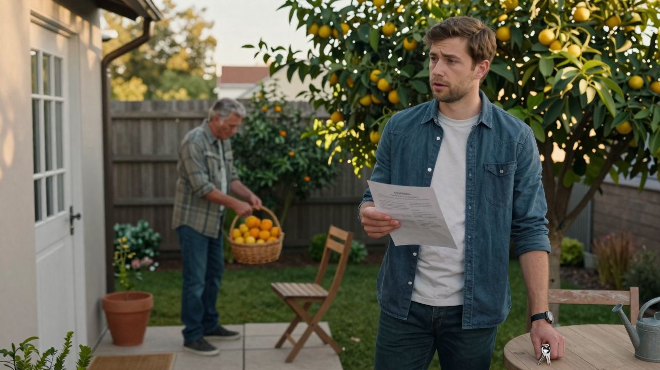 Homem jovem a ler documento no jardim enquanto homem mais velho recolhe laranjas num cesto.