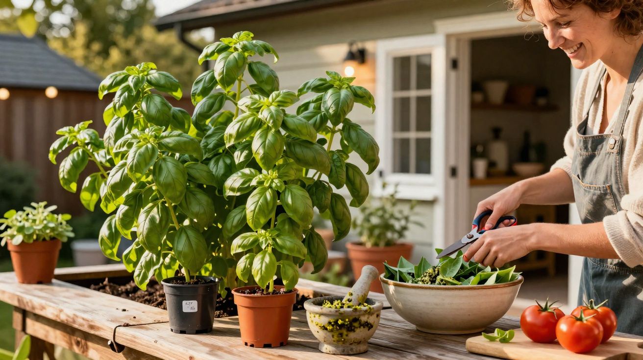 Mulher a colher folhas frescas de manjericão numa taça, com plantas e tomate na mesa de madeira.