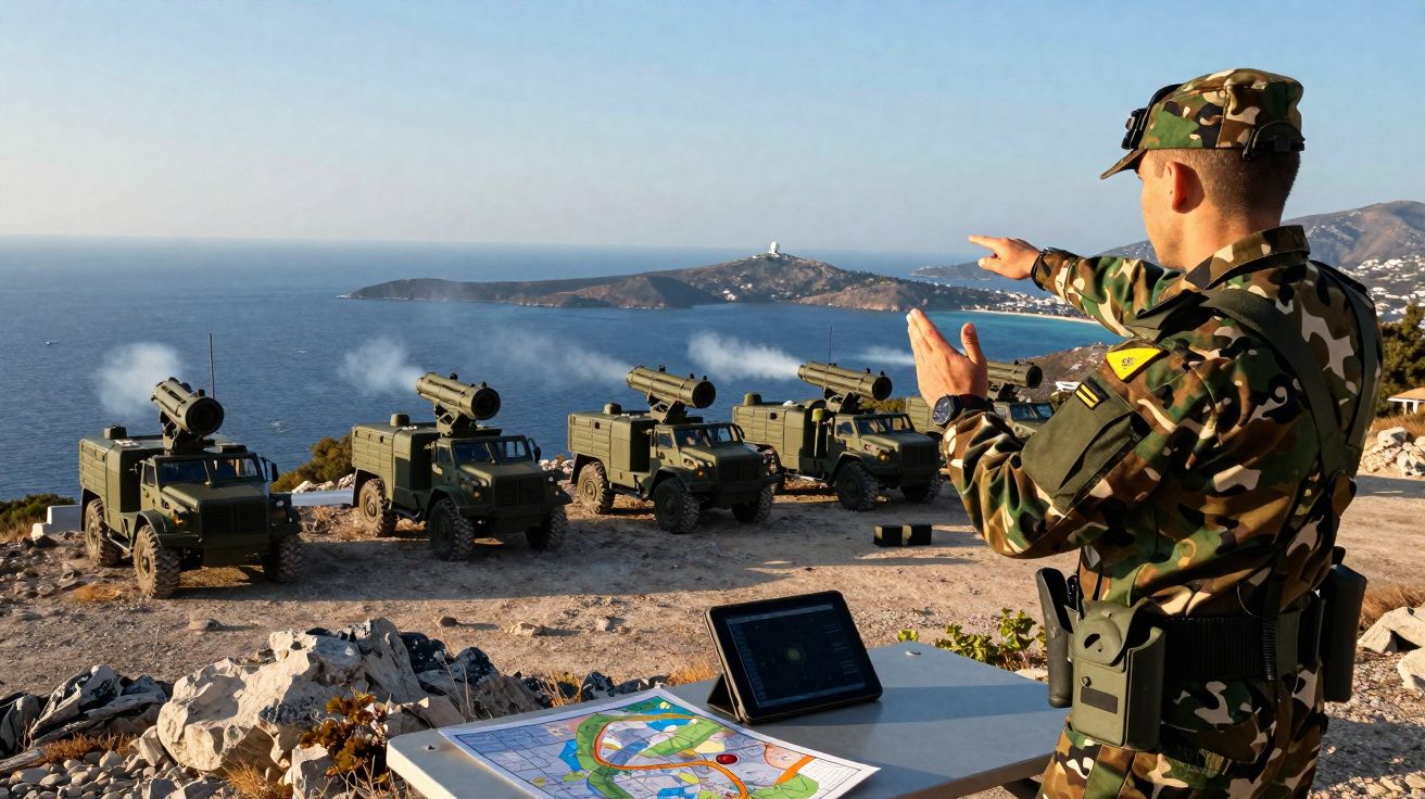 Soldado em uniforme camuflado coordena disparo de mísseis a partir de veículos militares junto ao mar.