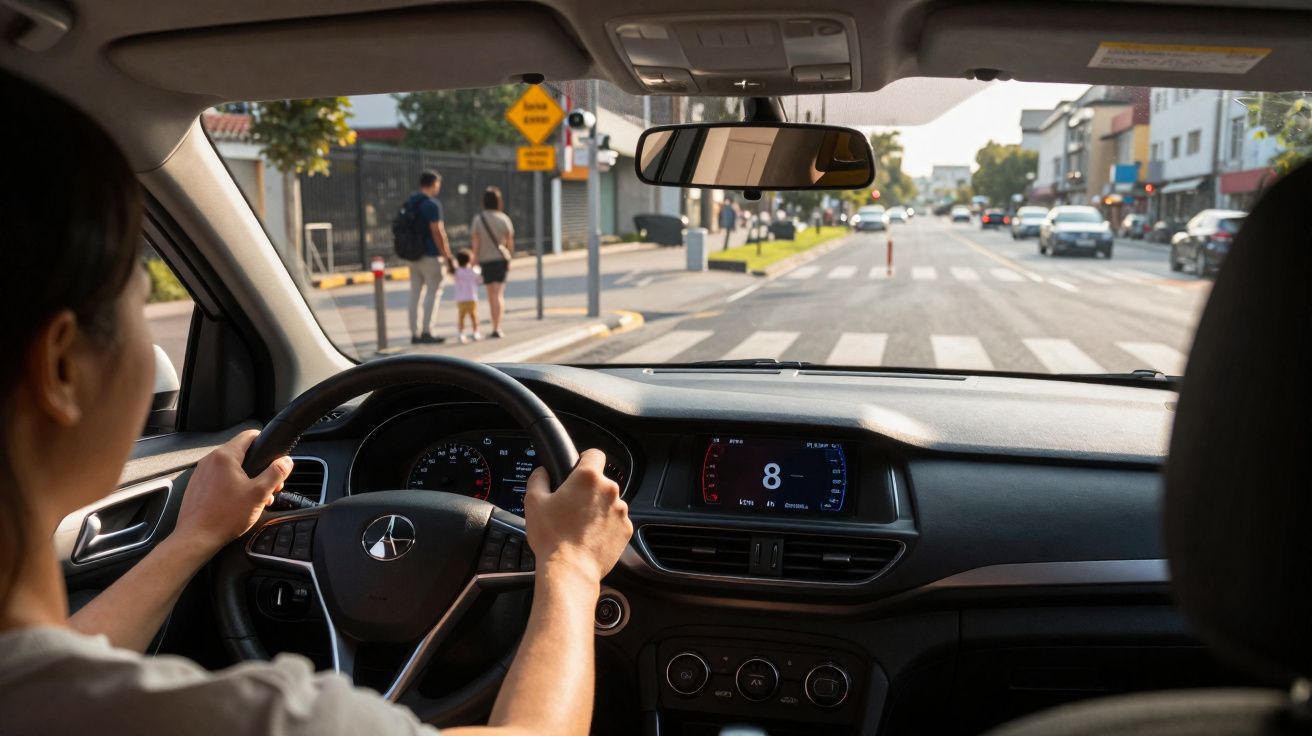 Interior de carro com pessoa ao volante parada numa passagem de peões com família a atravessar a rua.