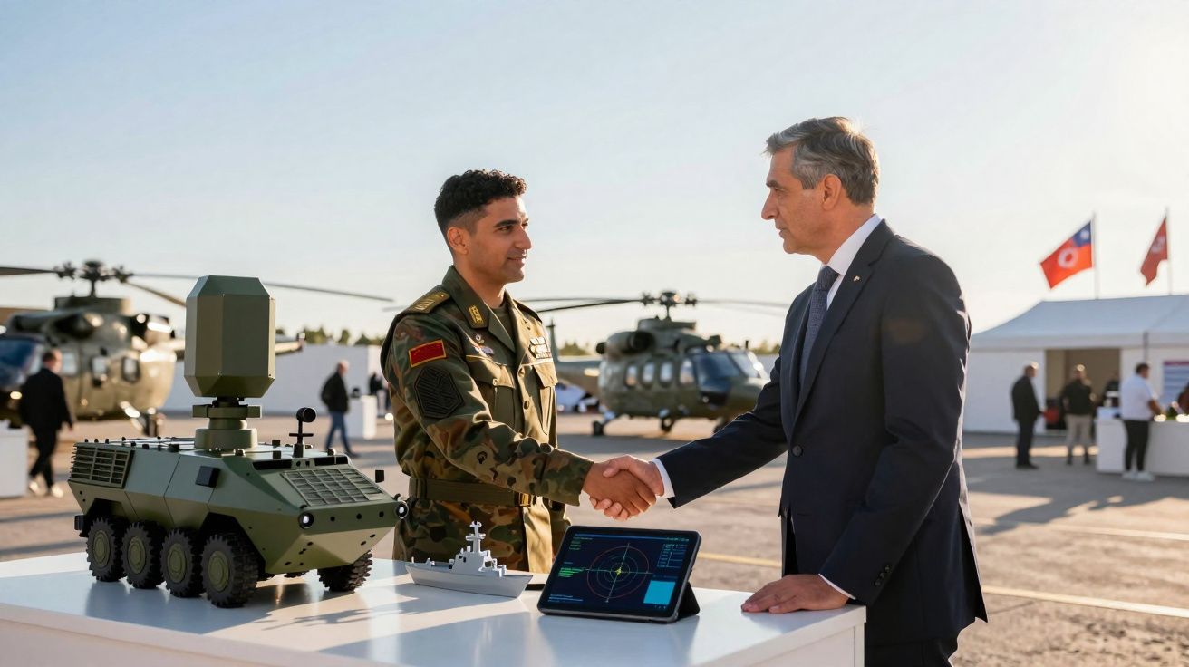 Militar e oficial em fato cumprimentam-se junto a equipamento e drones em aeroporto militar.