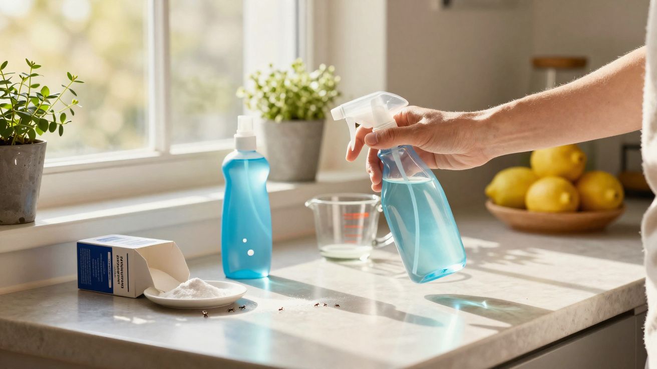 Mão a segurar pulverizador com líquido azul numa bancada de cozinha com produtos de limpeza e limões.