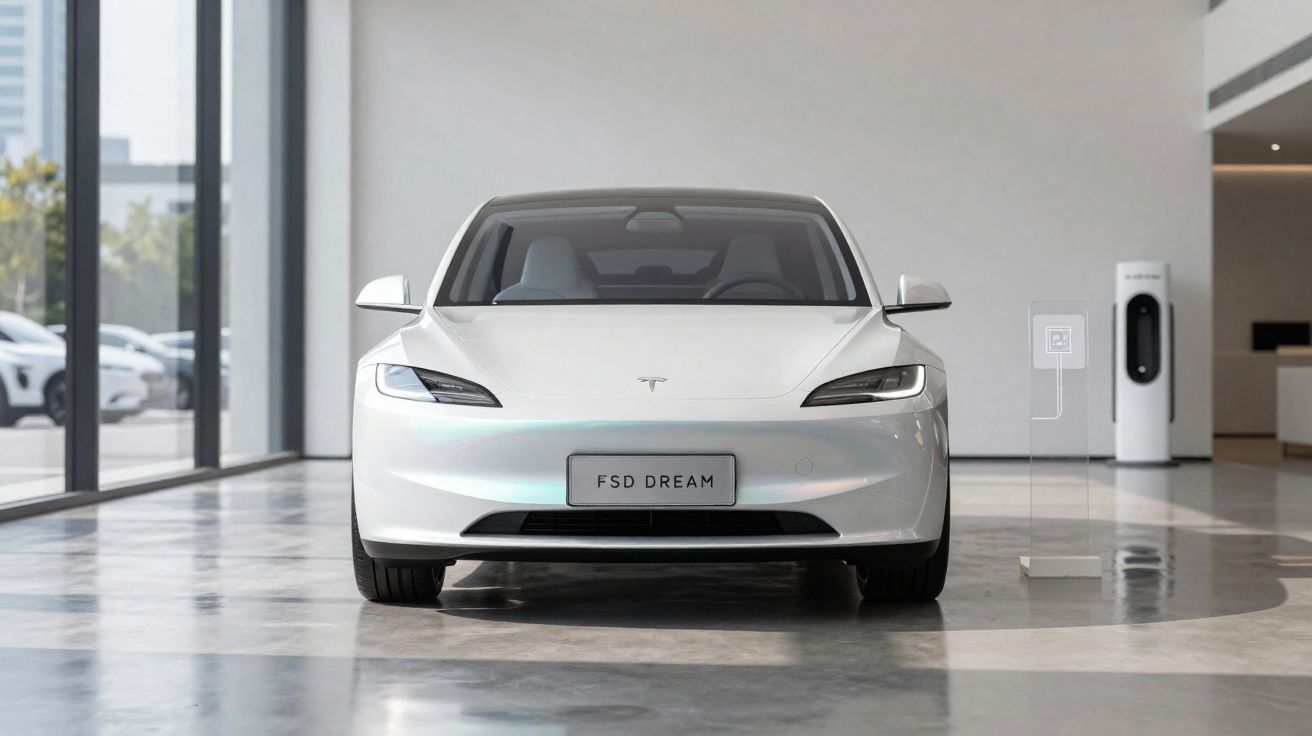 Carro elétrico Tesla branco estacionado em espaço moderno com carregador ao lado interior.