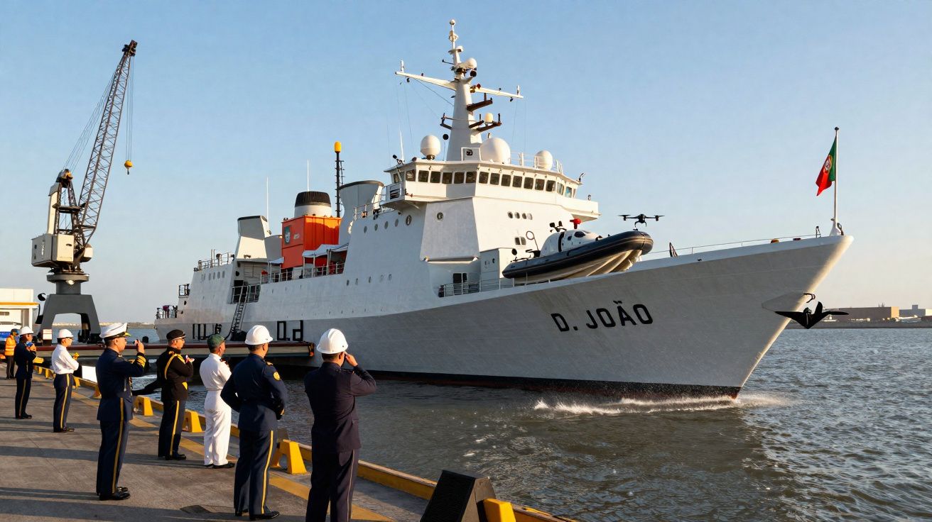 Navio D. João atracado num porto com várias pessoas fardadas a observar e drone a sobrevoar o convés.
