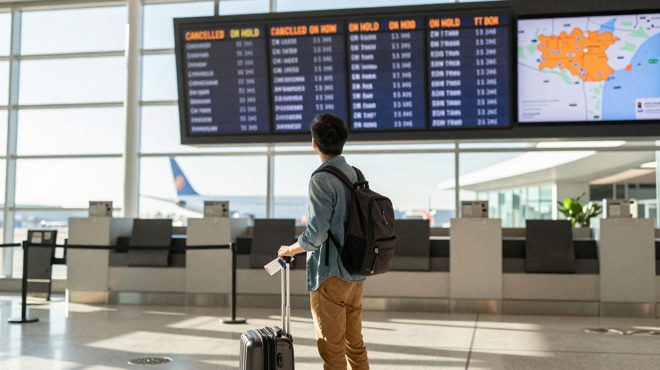 Passageiro com mochila e mala no aeroporto consulta painel de voos com várias partidas canceladas.