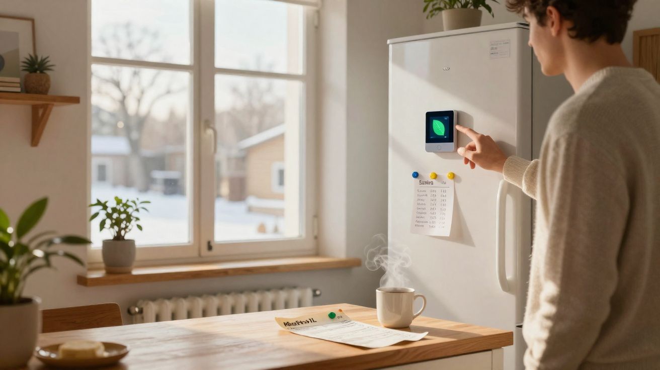 Pessoa a usar termóstato digital numa cozinha luminosa com mesa de madeira e janela ampla.