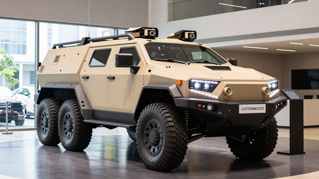 Veículo blindado todo-o-terreno de seis rodas cor bege exposto em interior moderno.