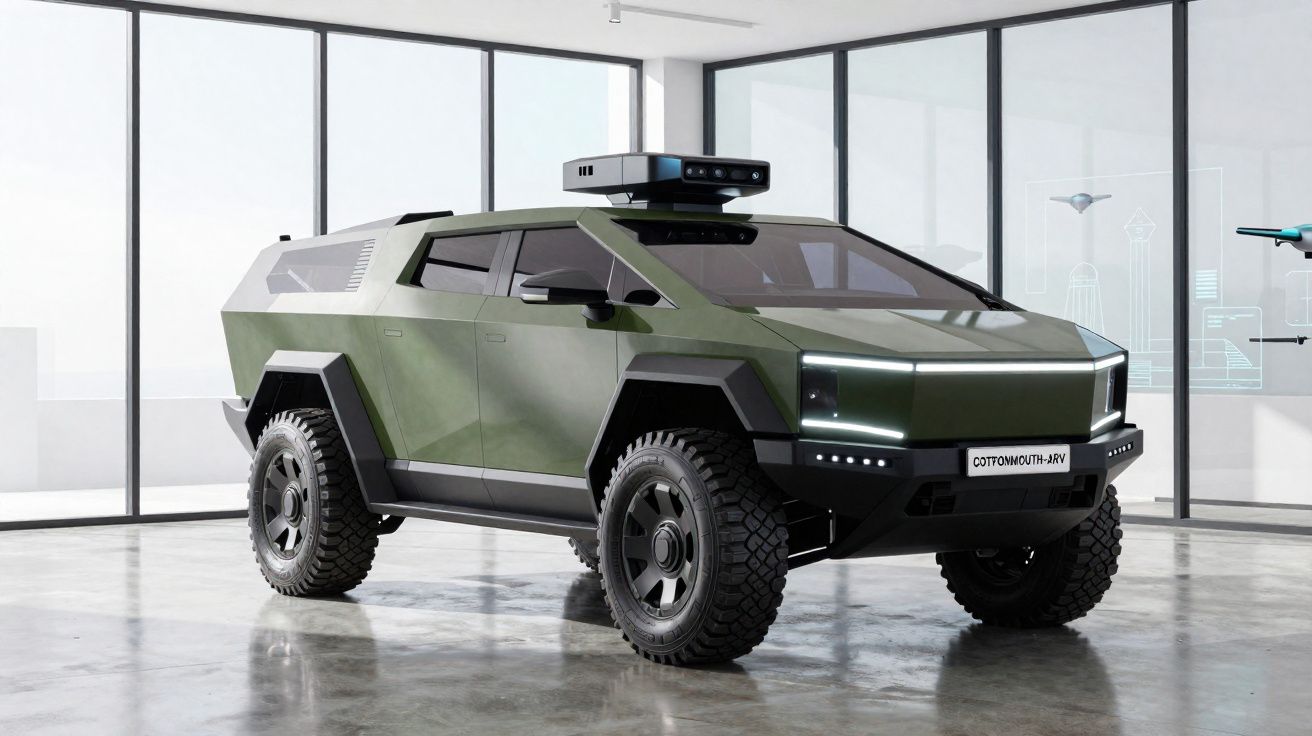 Veículo blindado militar verde com pneus grossos e equipamento no teto numa sala moderna com janelas grandes.