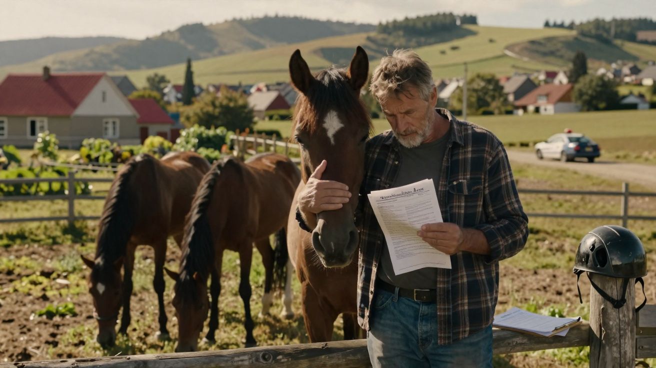 Homem com camisa às riscas lê documento enquanto acaricia cavalo num campo com outros cavalos ao fundo.