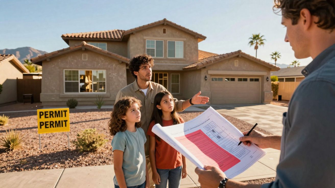 Família conversa com representante sobre casa nova em bairro residencial, com sinal de permissão de construção.