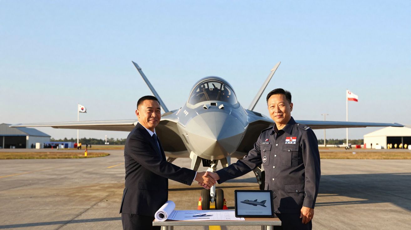 Dois homens apertam as mãos diante de um caça num aeródromo com bandeiras ao fundo.