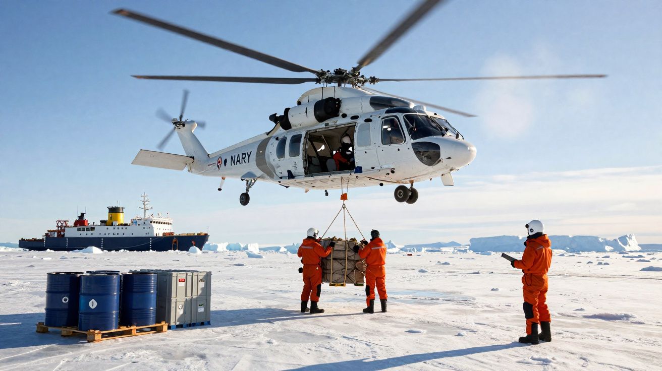 Helicóptero da marinha a transportar carga no gelo com tripulantes de fato laranja e navio de fundo.