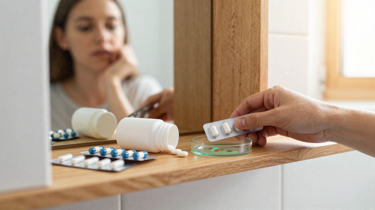 Pessoa contempla medicamentos em blister perto de frascos abertos numa prateleira de madeira.