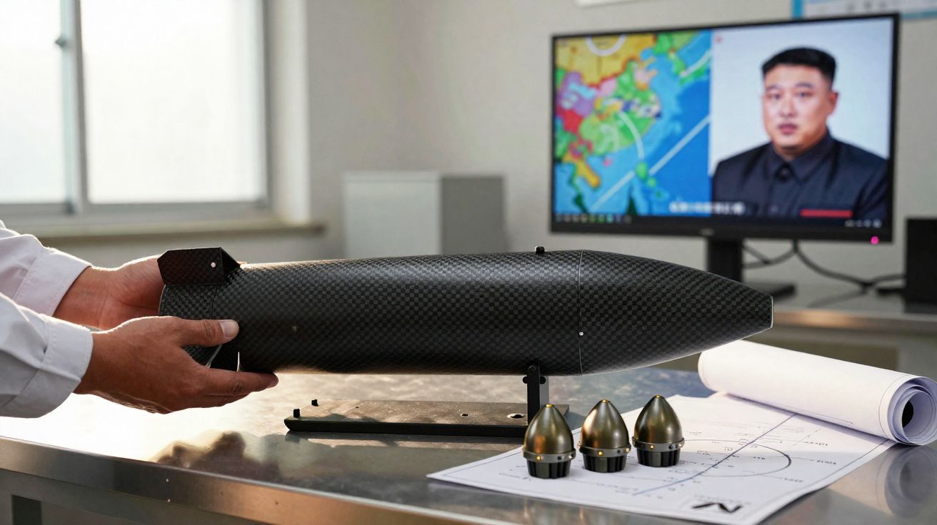 Mãos seguram um modelo de míssil sobre mesa com três ogivas e blueprint, e ecrã com rosto e mapa ao fundo.