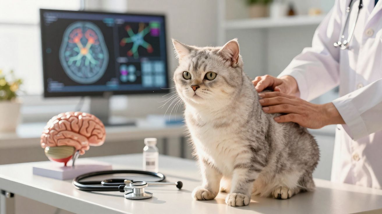 Gato cinzento no exame veterinário com modelo de cérebro e ecrã de ressonância magnética ao fundo.