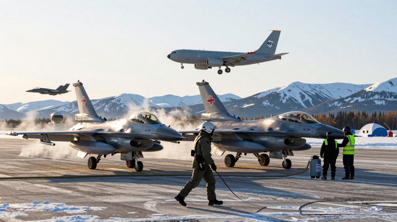 Dois jatos F-16 em pista com montanha nevada, três militares e avião a descolar ao fundo.