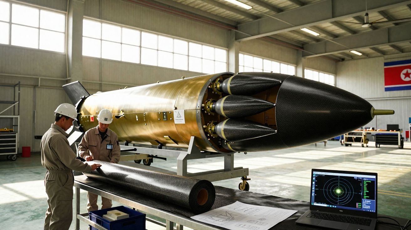 Dois homens com capacetes a trabalhar numa grande ogiva de míssil dourada numa oficina industrial.