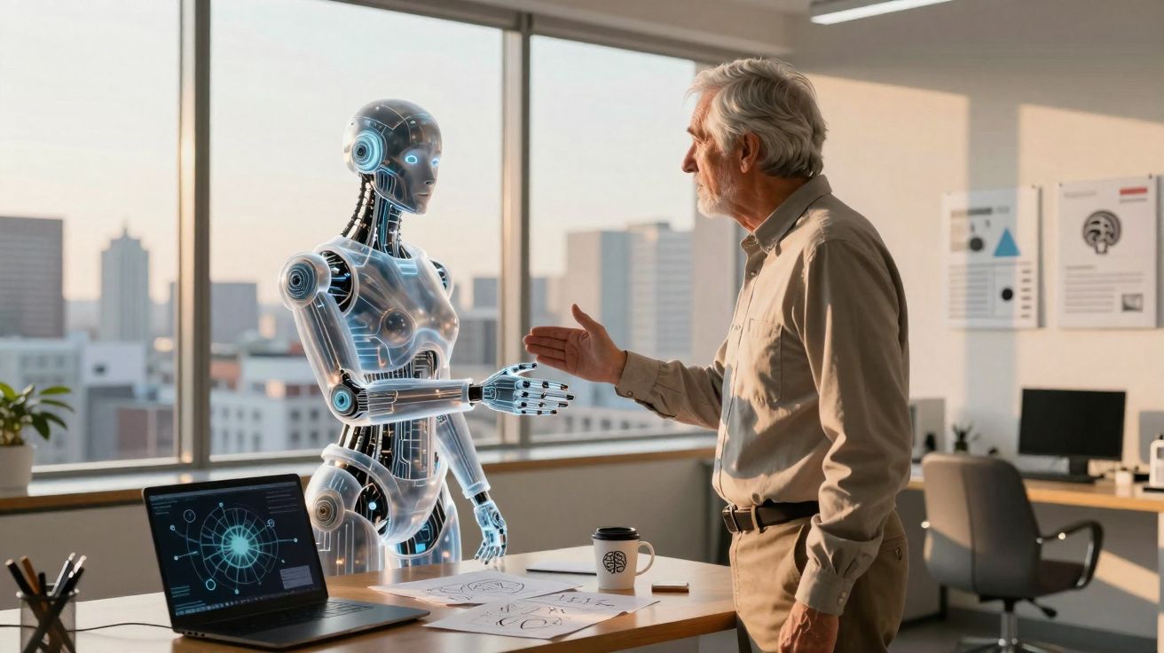 Homem idoso estende a mão para cumprimentar um robô humanoide num escritório moderno com vista para a cidade.