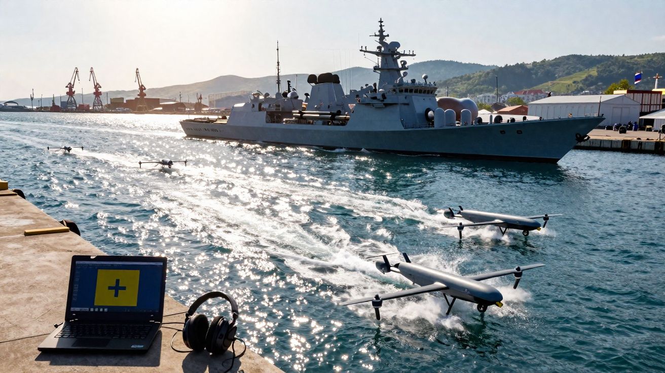 Porto com fragata militar ancorada e drones aquáticos a descolar, com computador e auscultadores na margem.