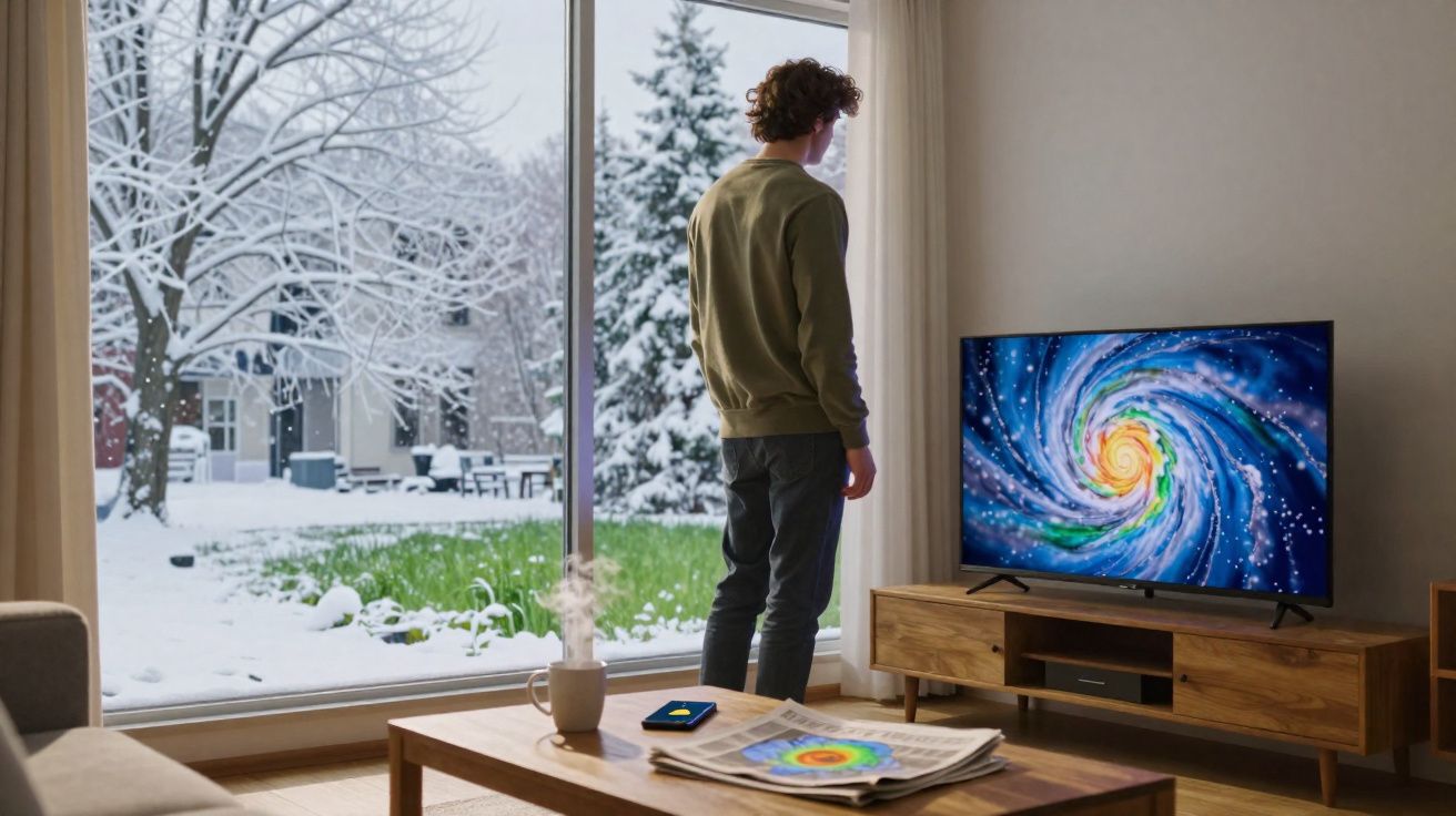 Jovem observa pela janela neve fofa no jardim enquanto vê imagem de galáxia numa televisão.