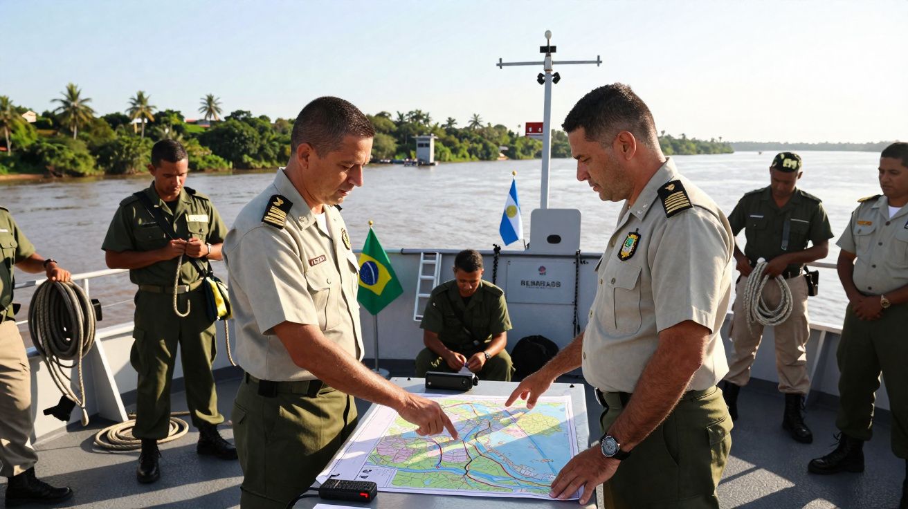 Militares a bordo de um barco analisam um mapa, com o rio e bandeiras do Brasil e Argentina ao fundo.
