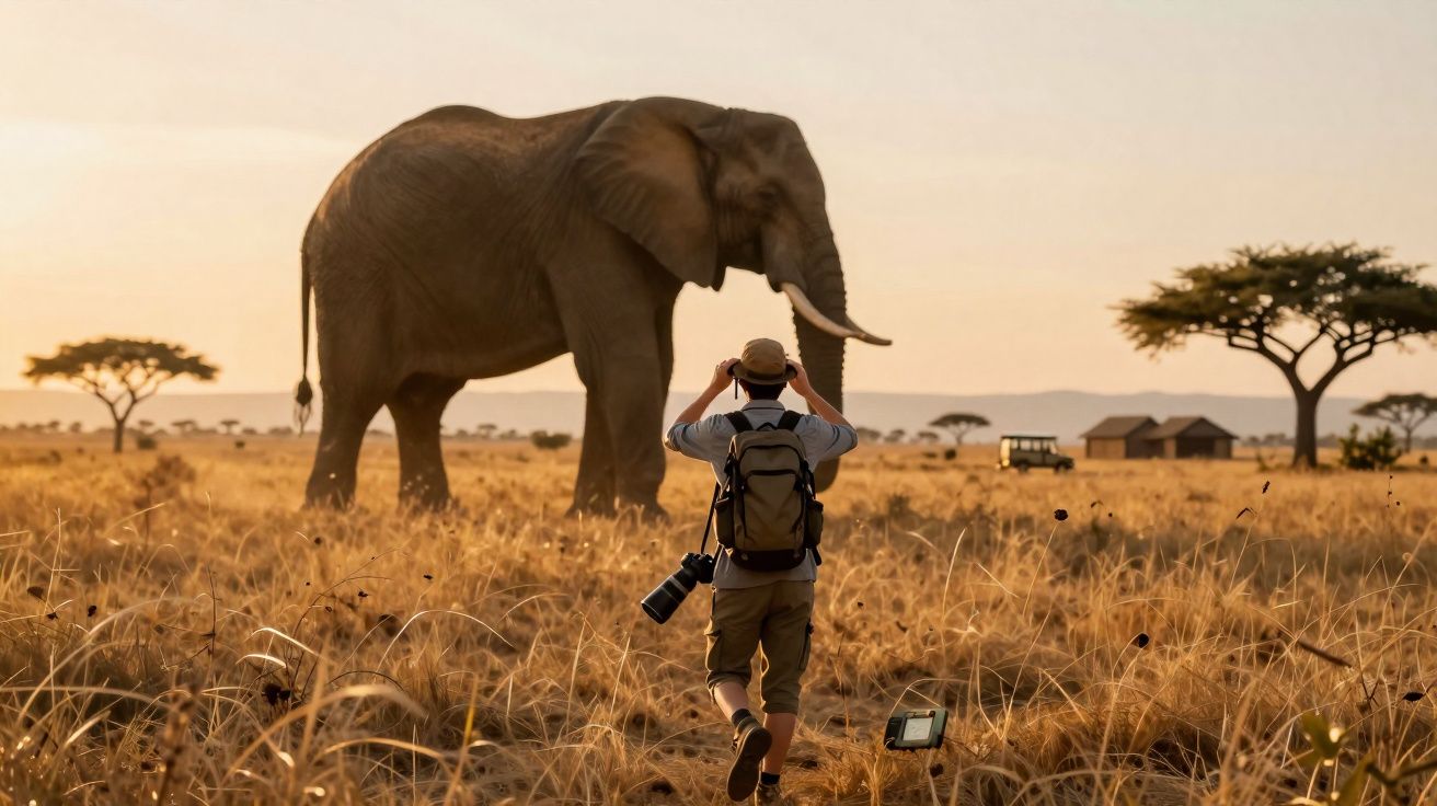 Fotógrafo aproxima-se de elefante numa savana ao pôr do sol com árvores e veículos ao fundo.