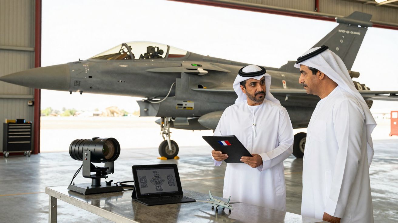 Dois homens em túnicas tradicionais árabes falam num hangar com jacto militar e equipamento tecnológico numa mesa.