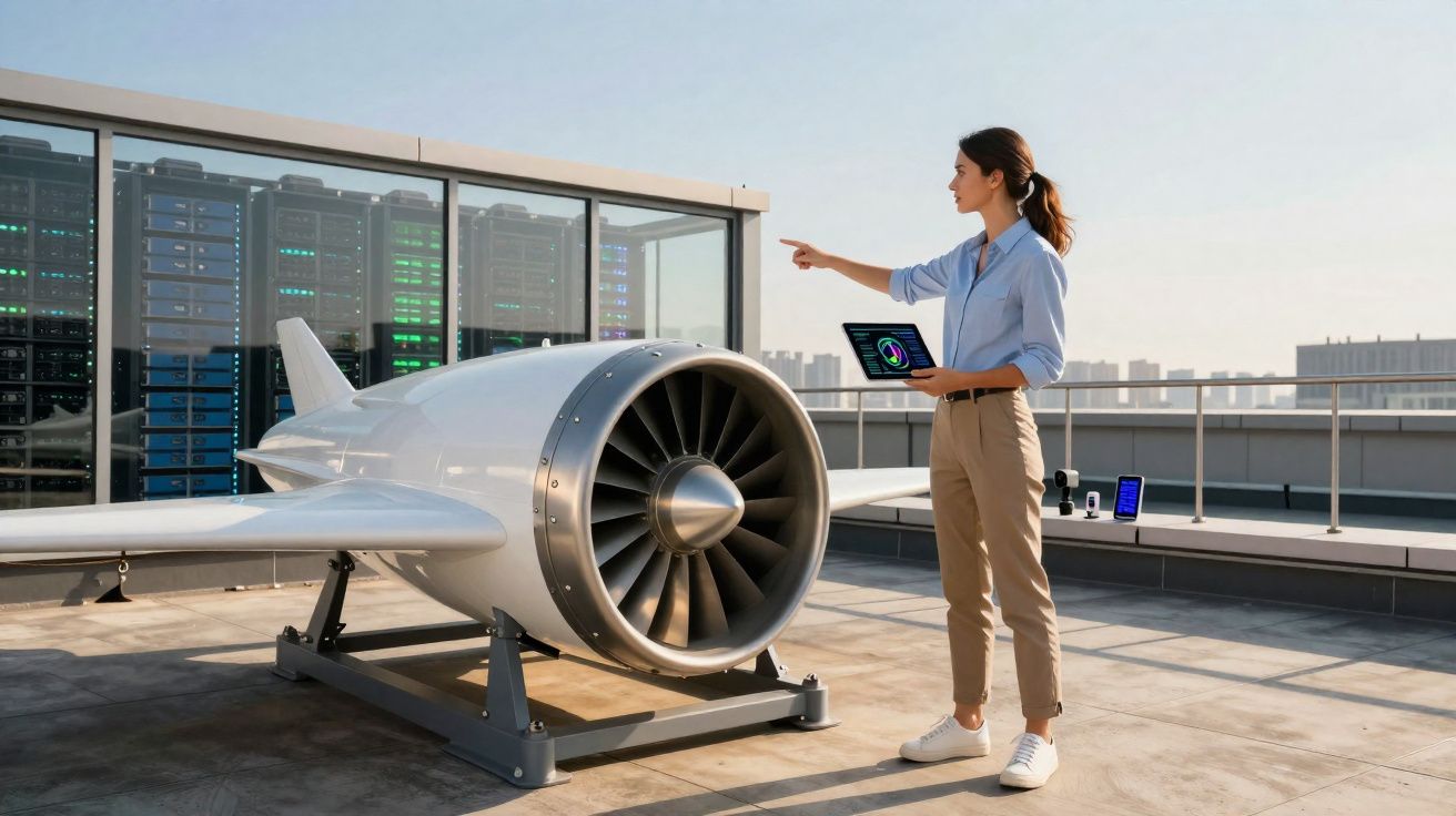 Engenheira a analisar motor de avião e a usar tablet num terraço com servidores ao fundo.