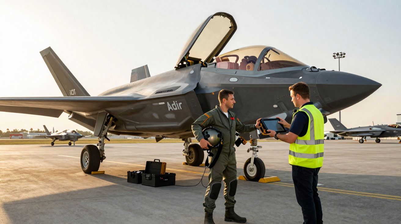 Dois homens perto de um avião militar cinzento no aeroporto, um veste uniforme de voo e o outro colete refletor.