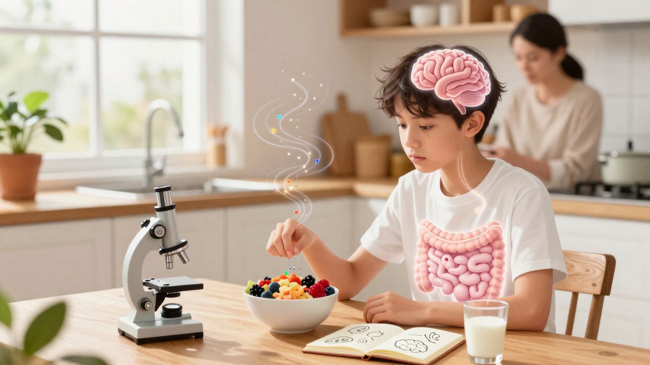 Criança a comer fruta, com ilustrações do cérebro e intestinos, num ambiente de aprendizagem em casa.