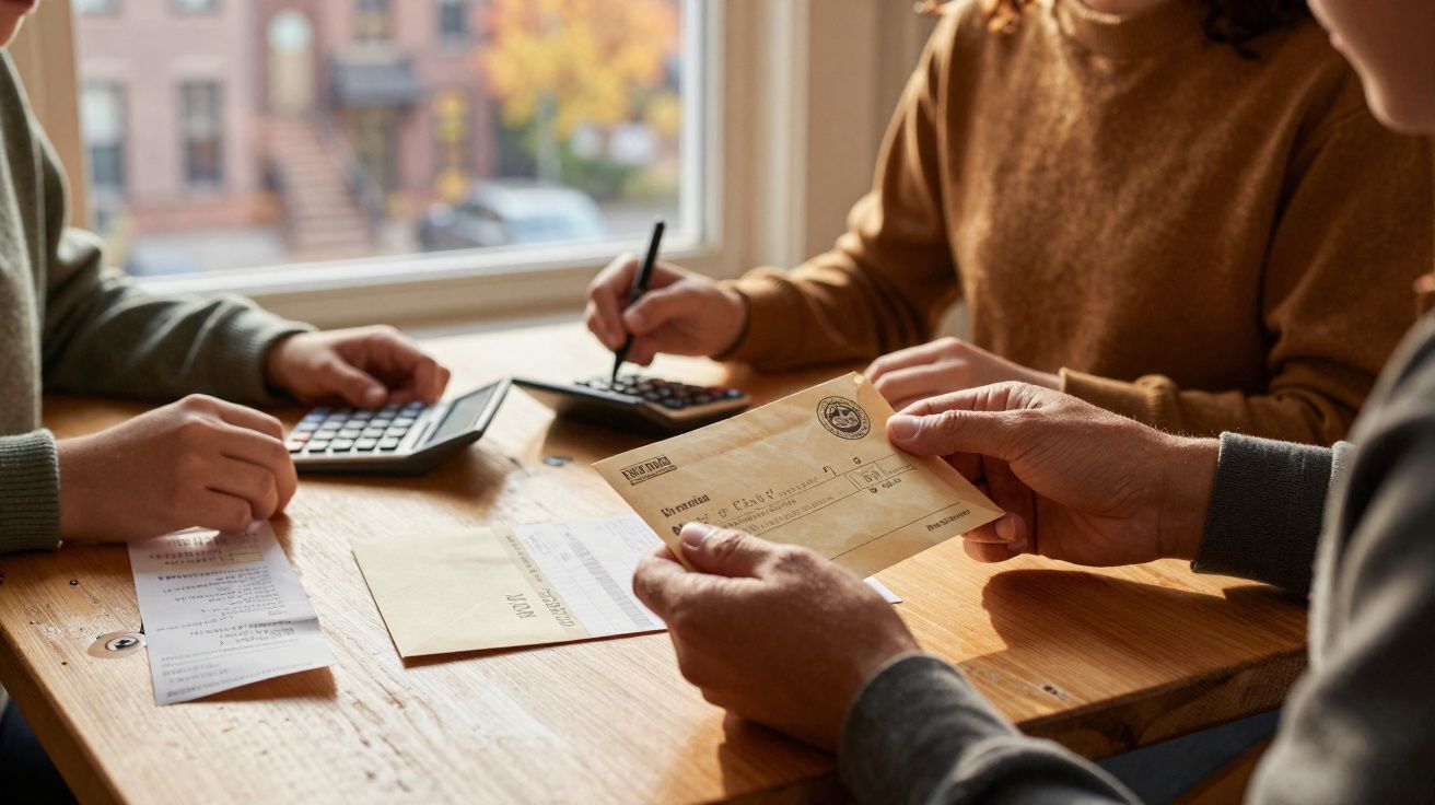 Duas pessoas a calcular contas com calculadoras e outra a segurar um cheque numa mesa de madeira.